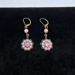 Vintage Avon Pink Flower Earrings, Brown Tone Plating, Lever Back Earrings